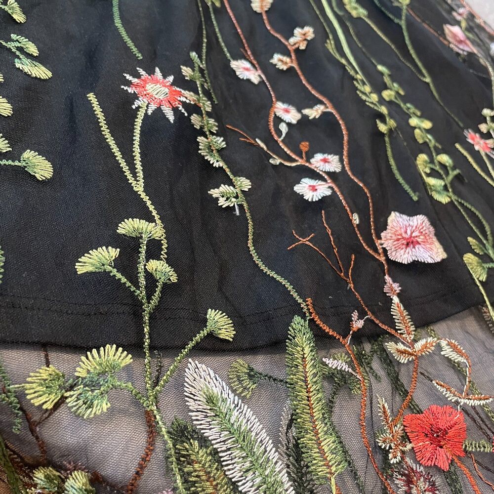~ Lg Floral Boho Sheer Dress Botanical Black Flowers Long Sleeve Bohemian Knee